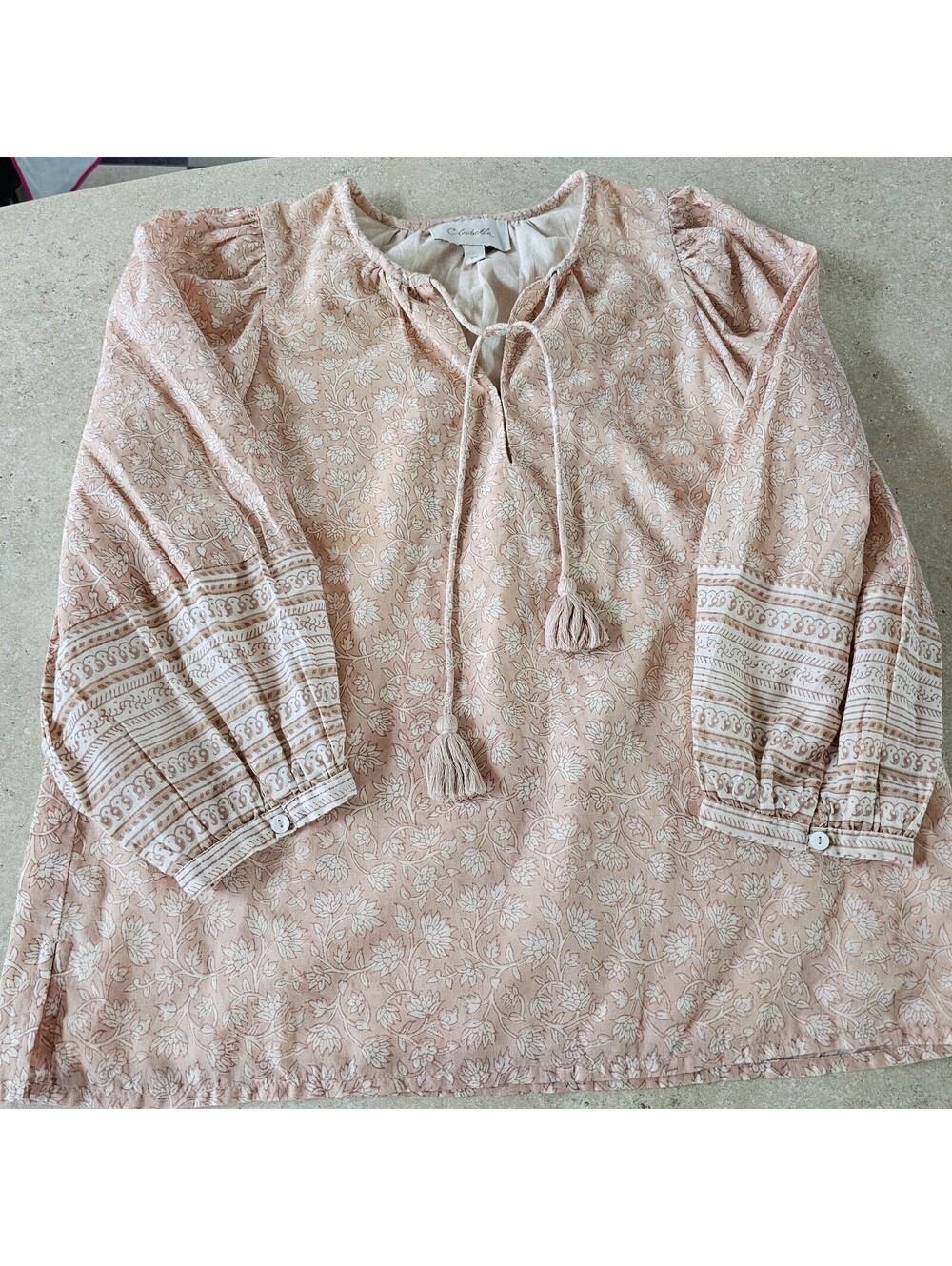 Cleobella Peach Floral Print Boho Blouse with Tassel Tie XS
